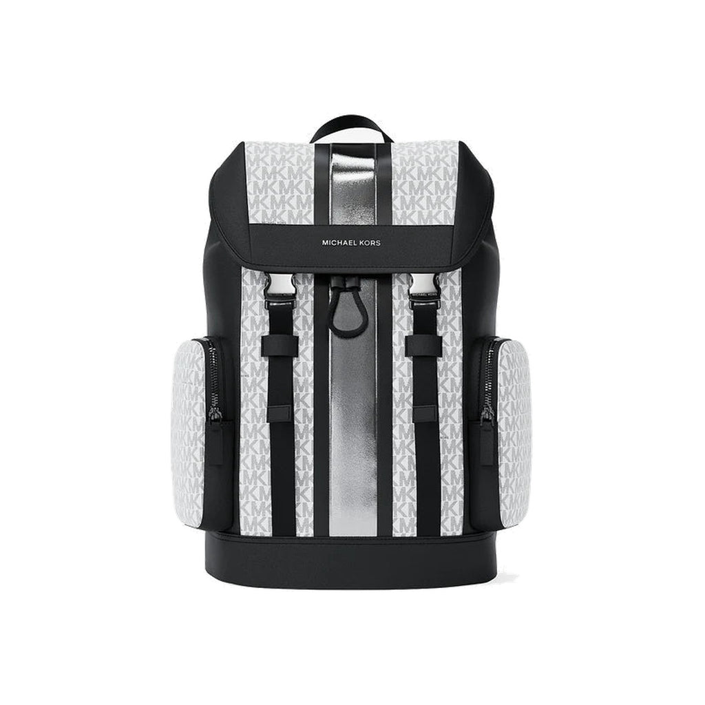 Michael Kors Cooper Metallic Striped Signature Logo Backpack Silver