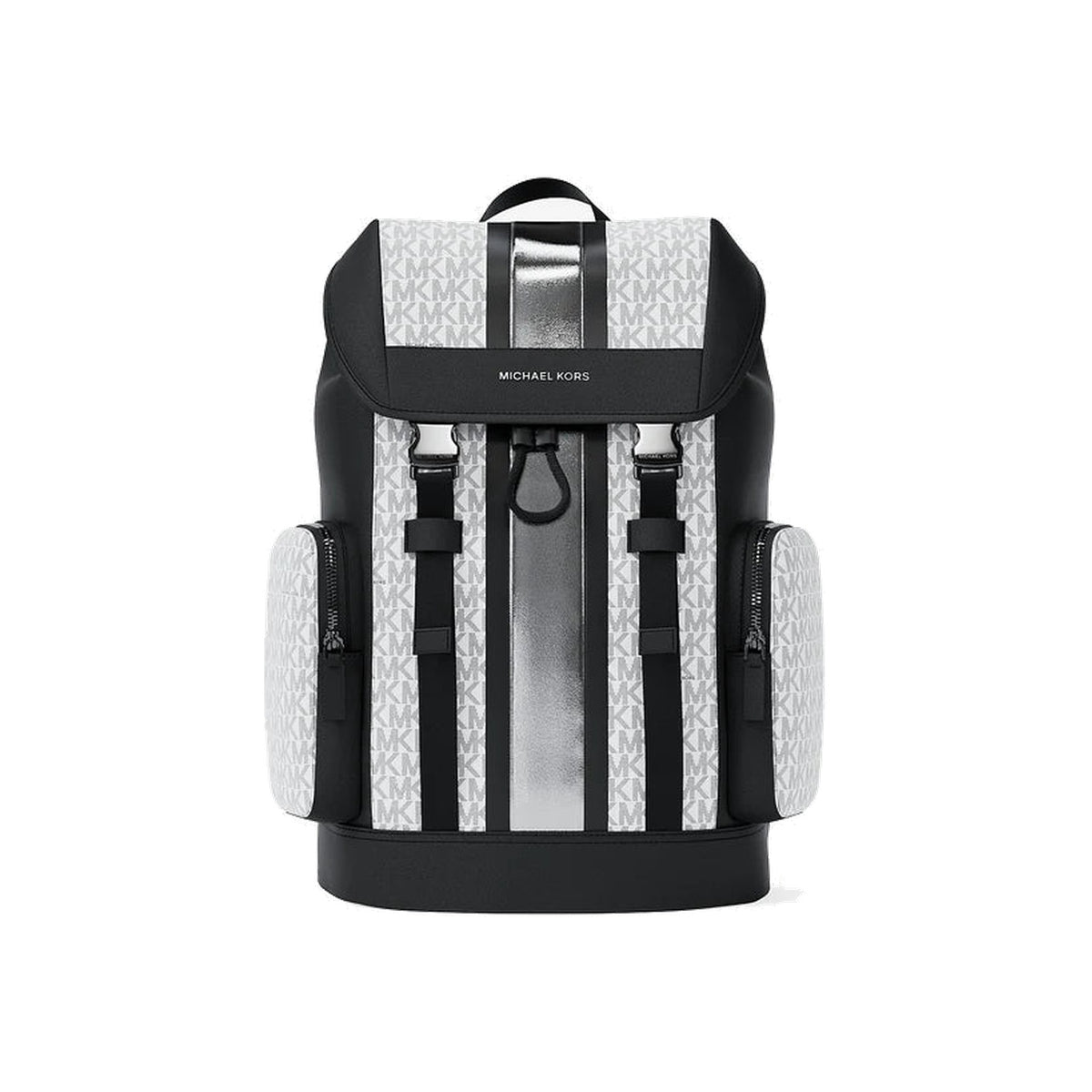 Michael Kors Cooper Metallic Striped Signature Logo Backpack Silver