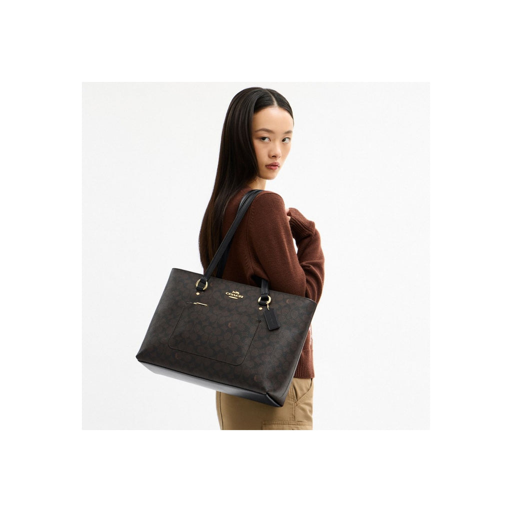 Coach Station Tote Bag In Signature Canvas Gold Walnut Black