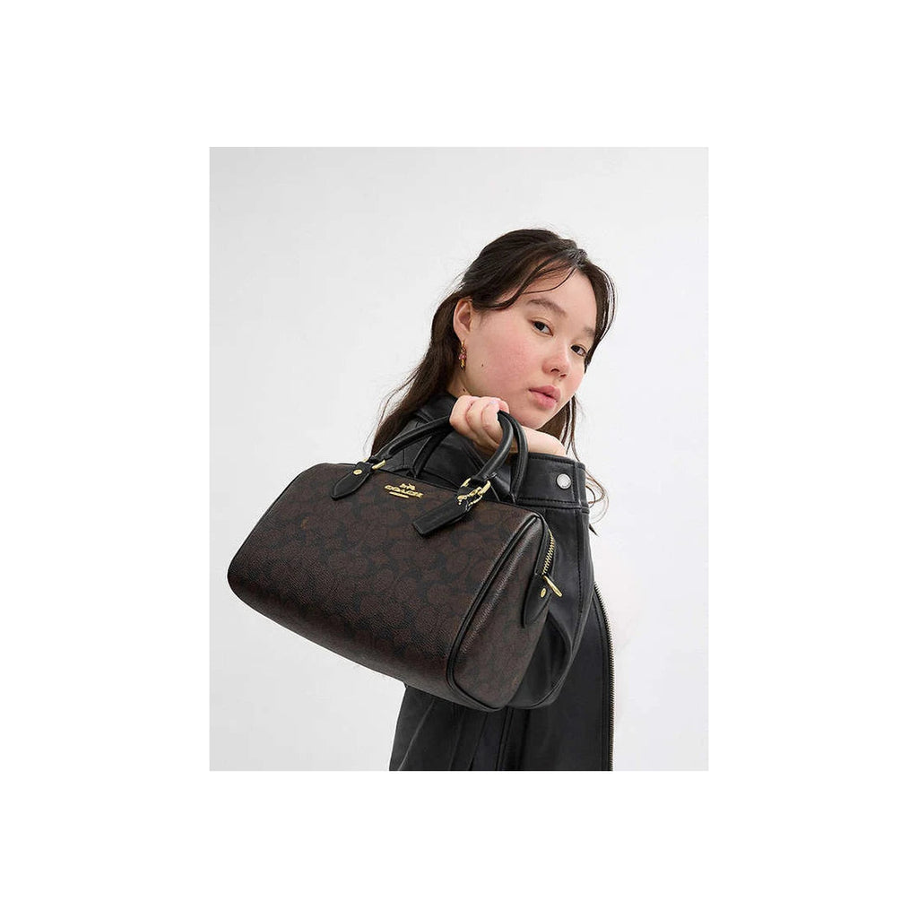 Coach Rowan Satchel Bag In Signature Canvas Signature Canvas-Gold-Walnut-Black