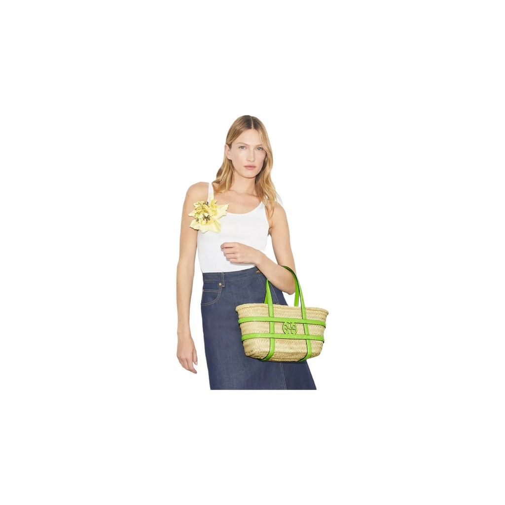 Tory Burch Small Ella Croc-Embossed Straw Basket Bright Fern