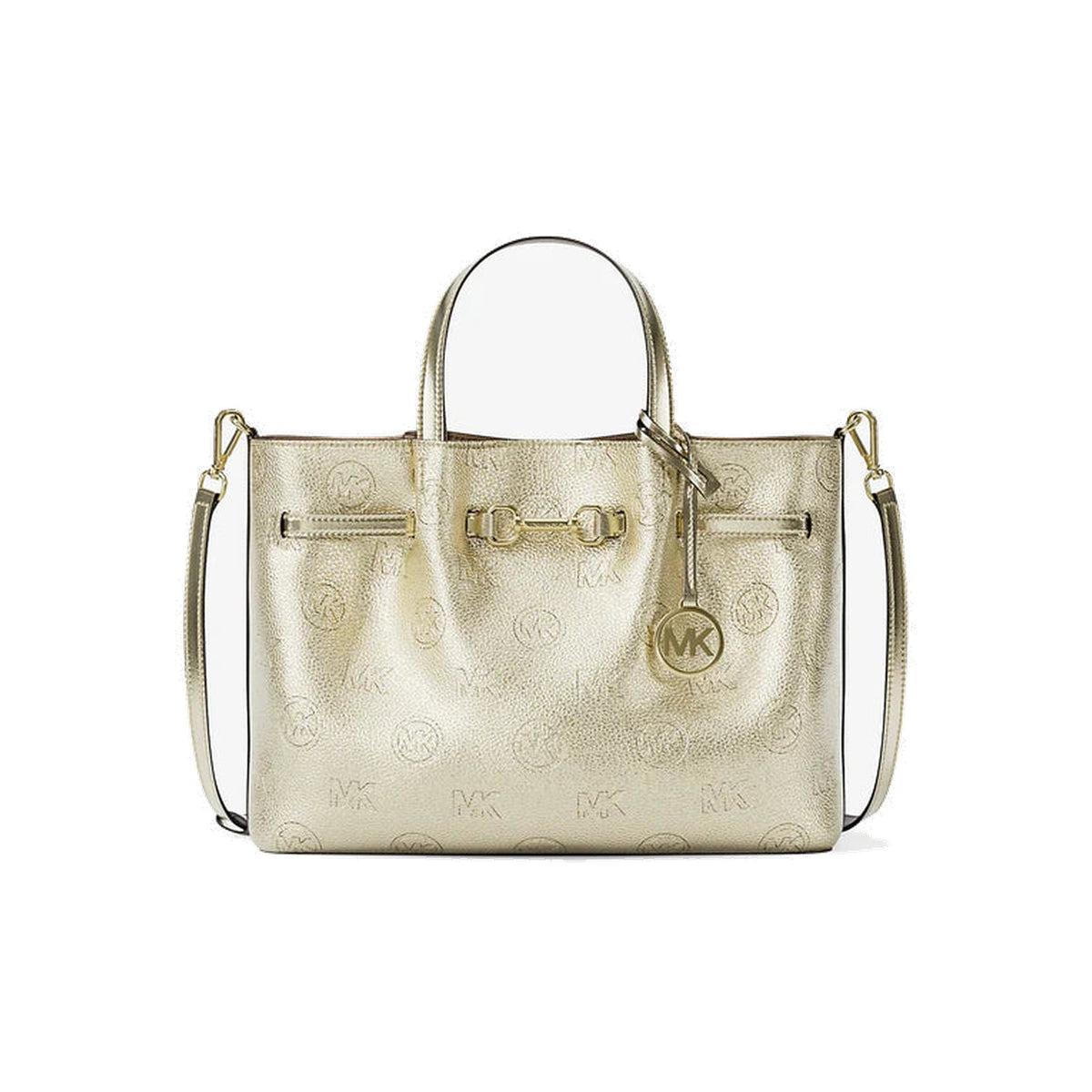 Michael Kors Carson Medium Metallic Logo Debossed Satchel Pale Gold