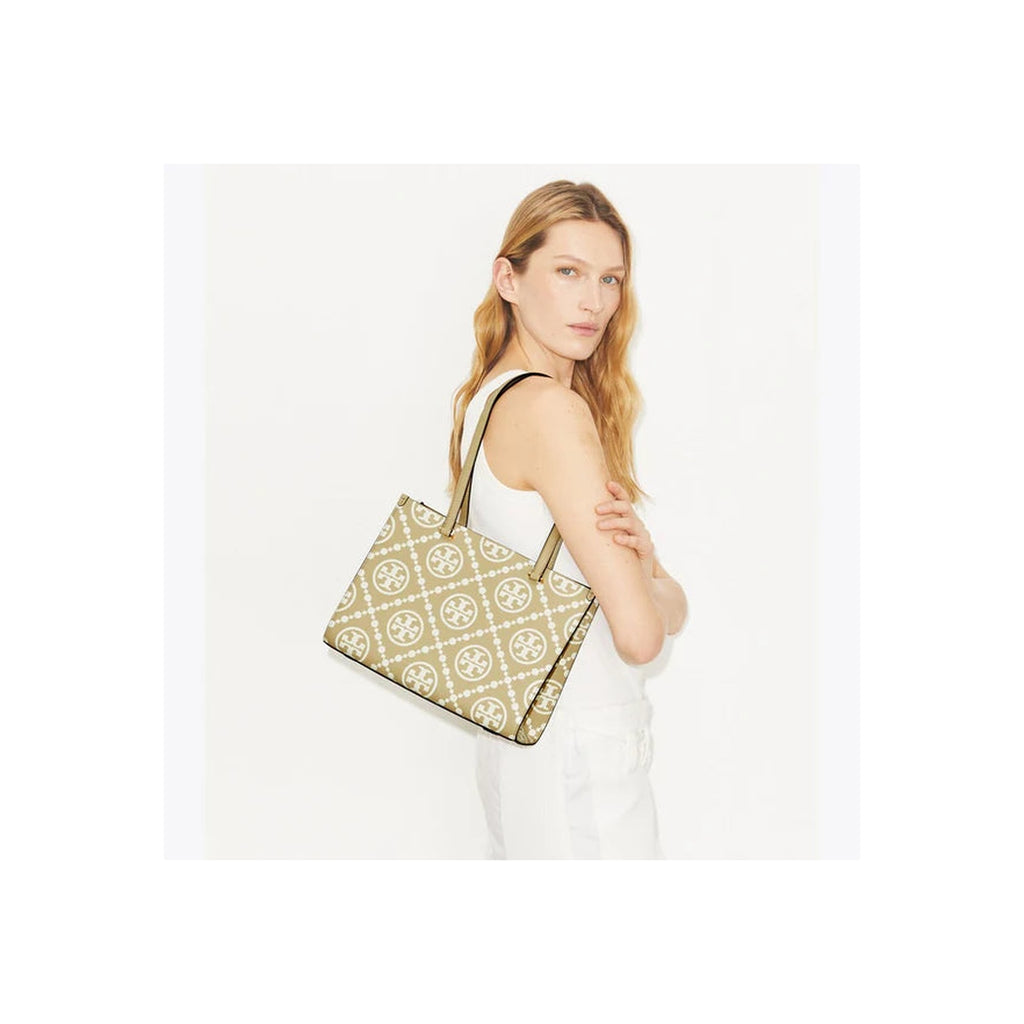 Tory Burch T Monogram Contrast Embossed Small Tote Beige