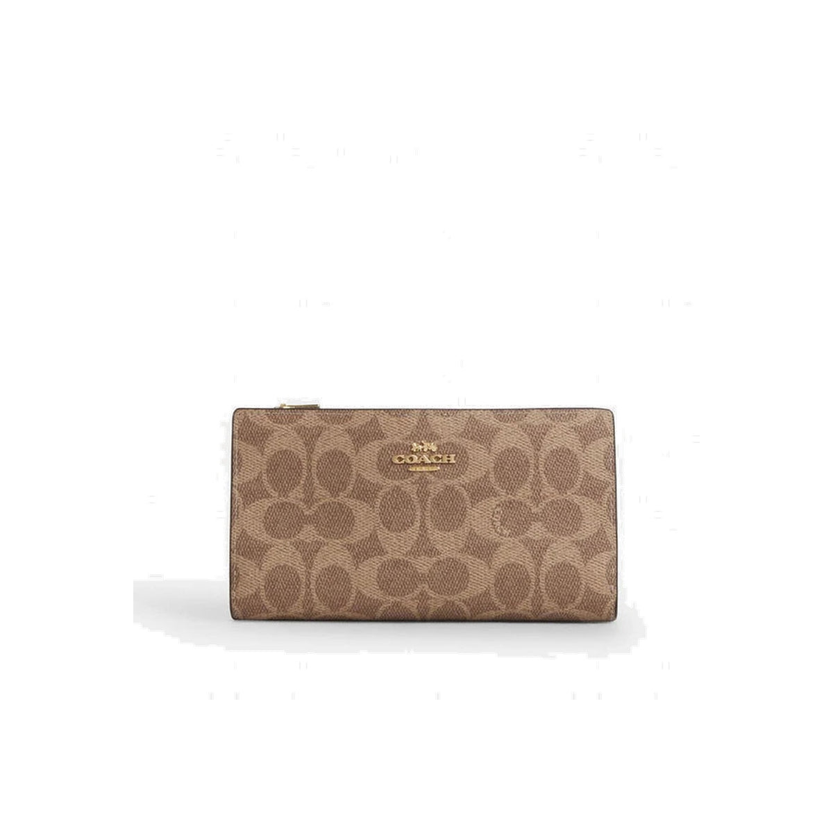 Coach Slim Zip Wallet In Signature Canvas Gold Tan Brown