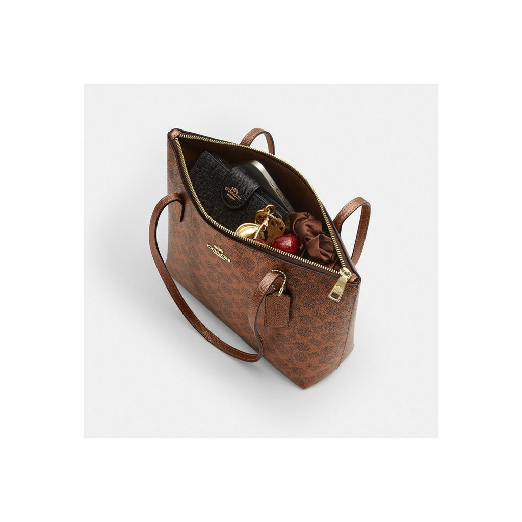 Coach Fiona Zip Tote Bag In Signature Canvas Gold Brown Copper
