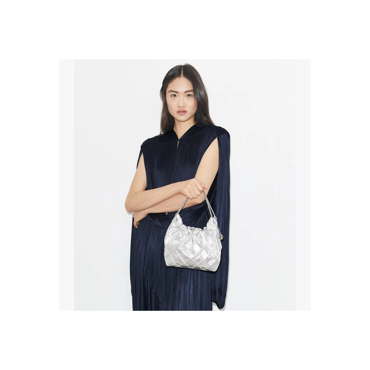 Tory Burch Mini Fleming Metallic Hobo Bag Silver