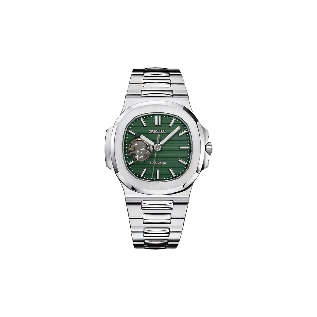 Seiko mod Silver Green Dial Open-Heart