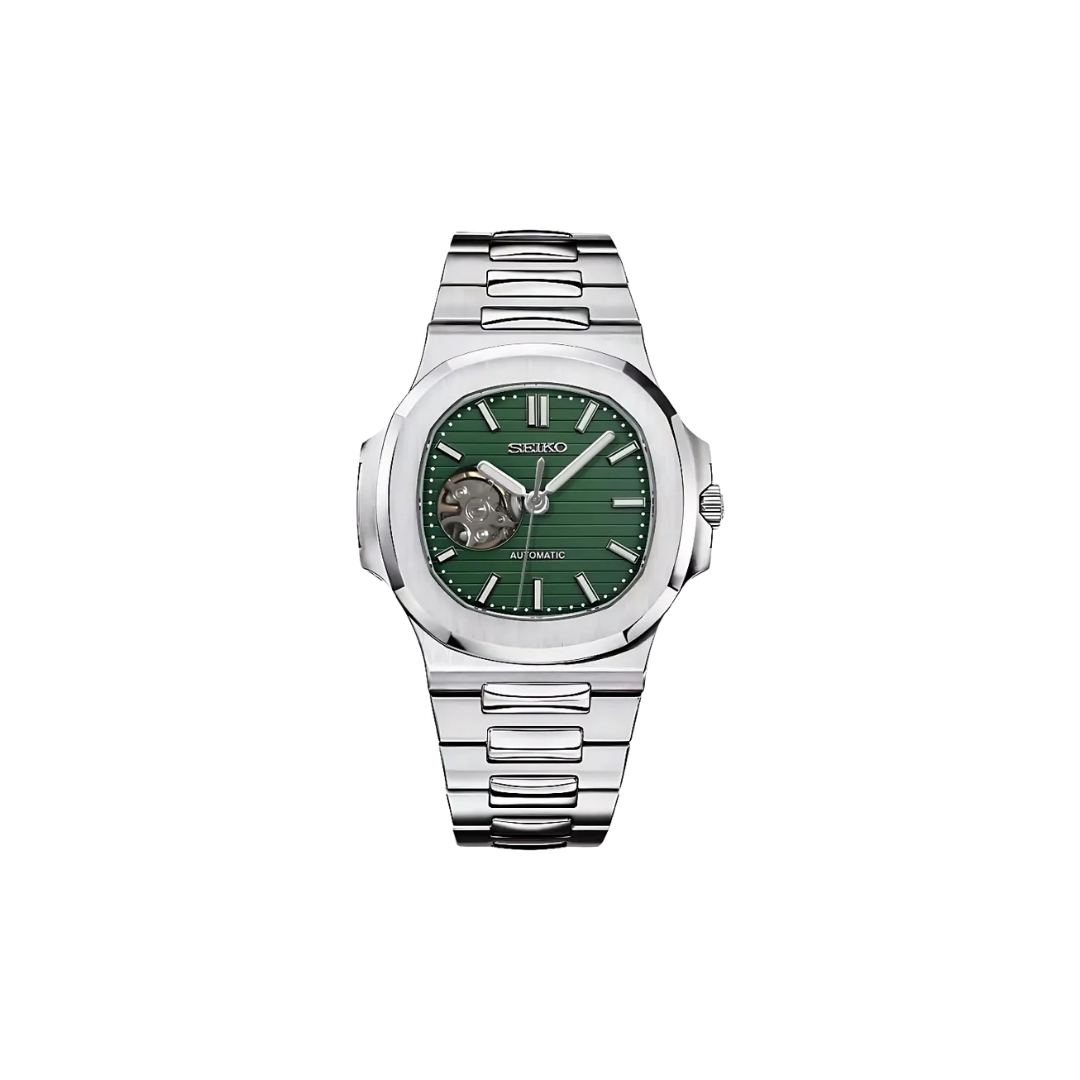 Seiko mod Silver Green Dial Open-Heart
