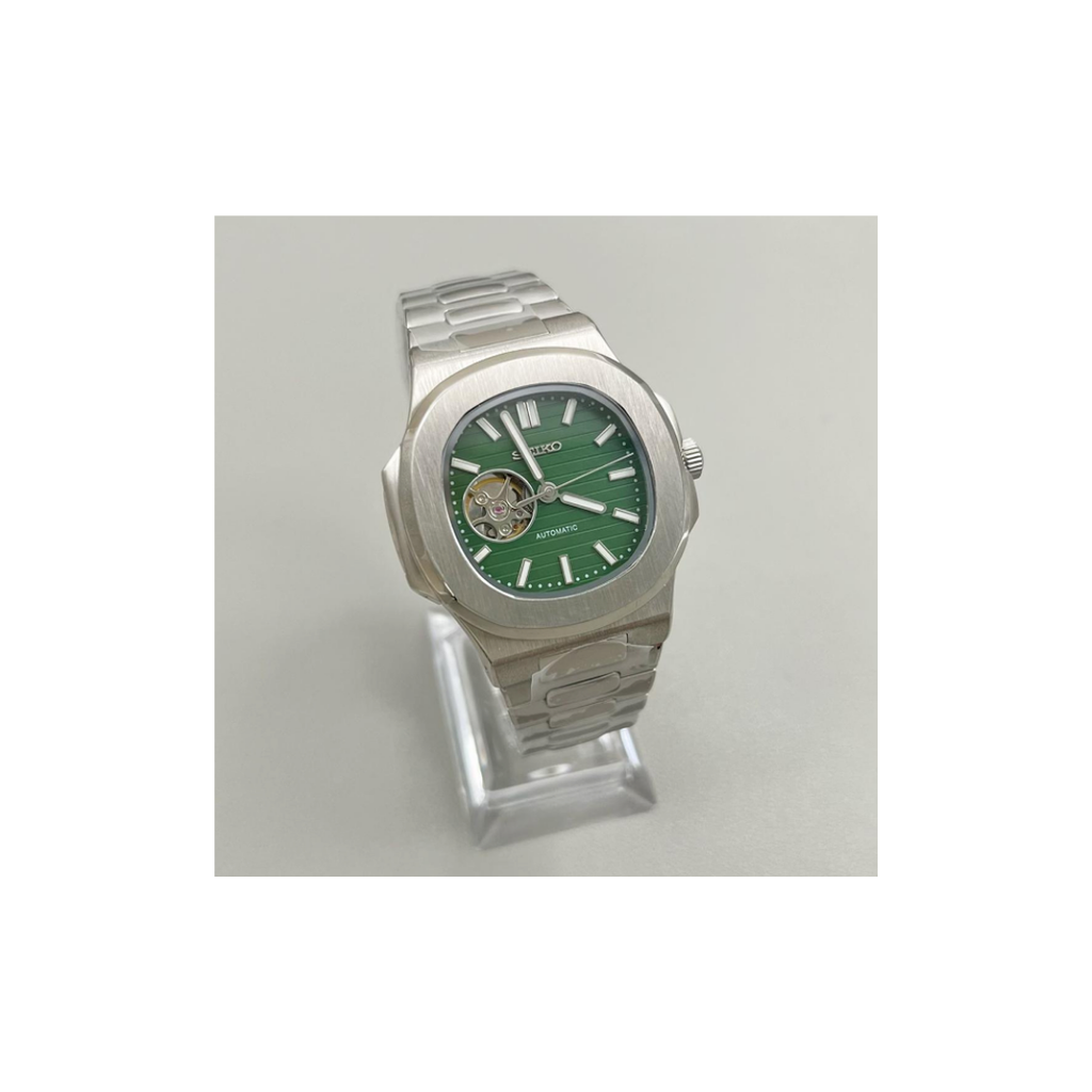 Seiko mod Silver Green Dial Open-Heart