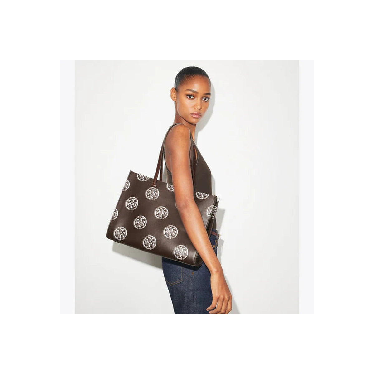 Tory Burch T Monogram Contrast Embossed Tote Chocolate