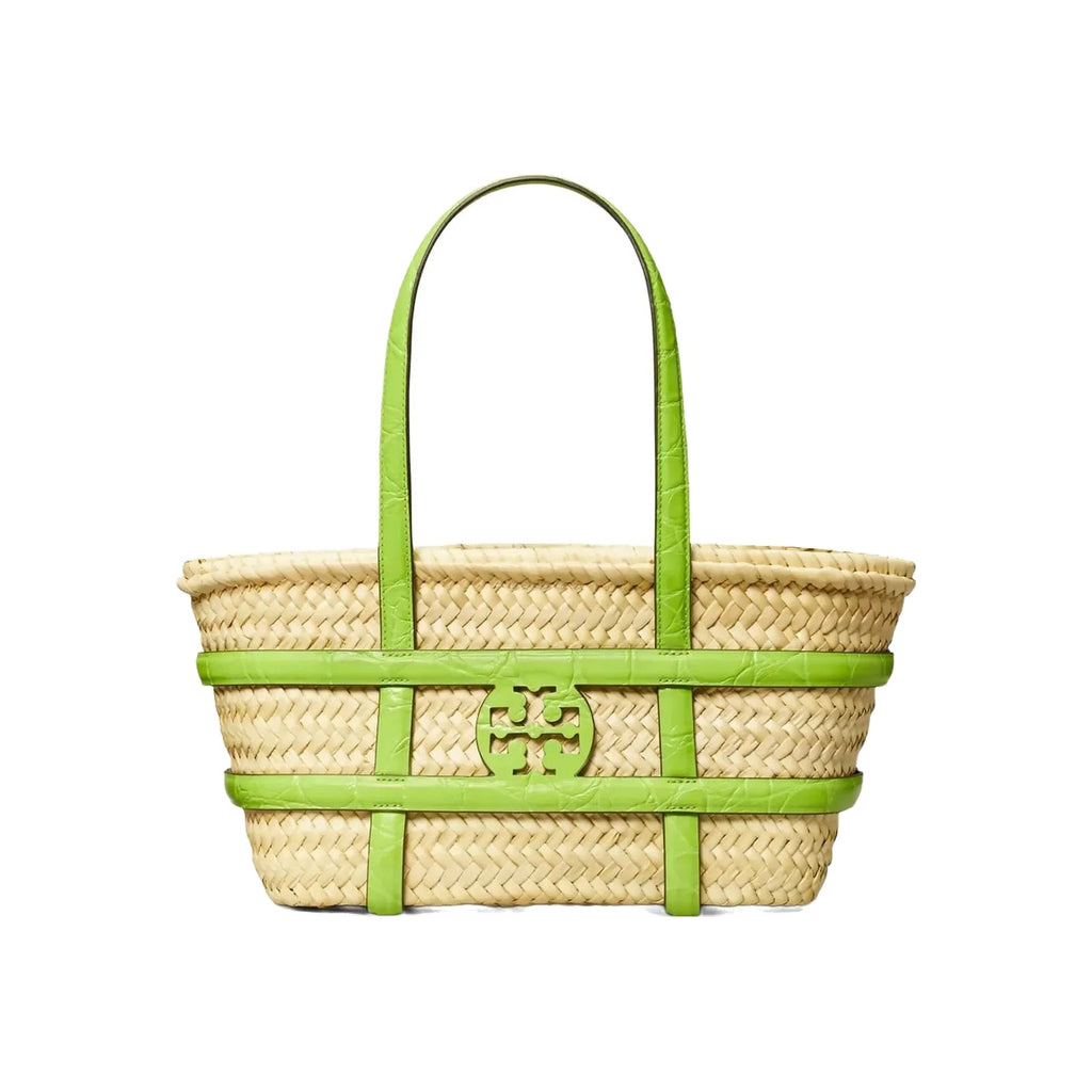 Tory Burch Small Ella Croc-Embossed Straw Basket Bright Fern