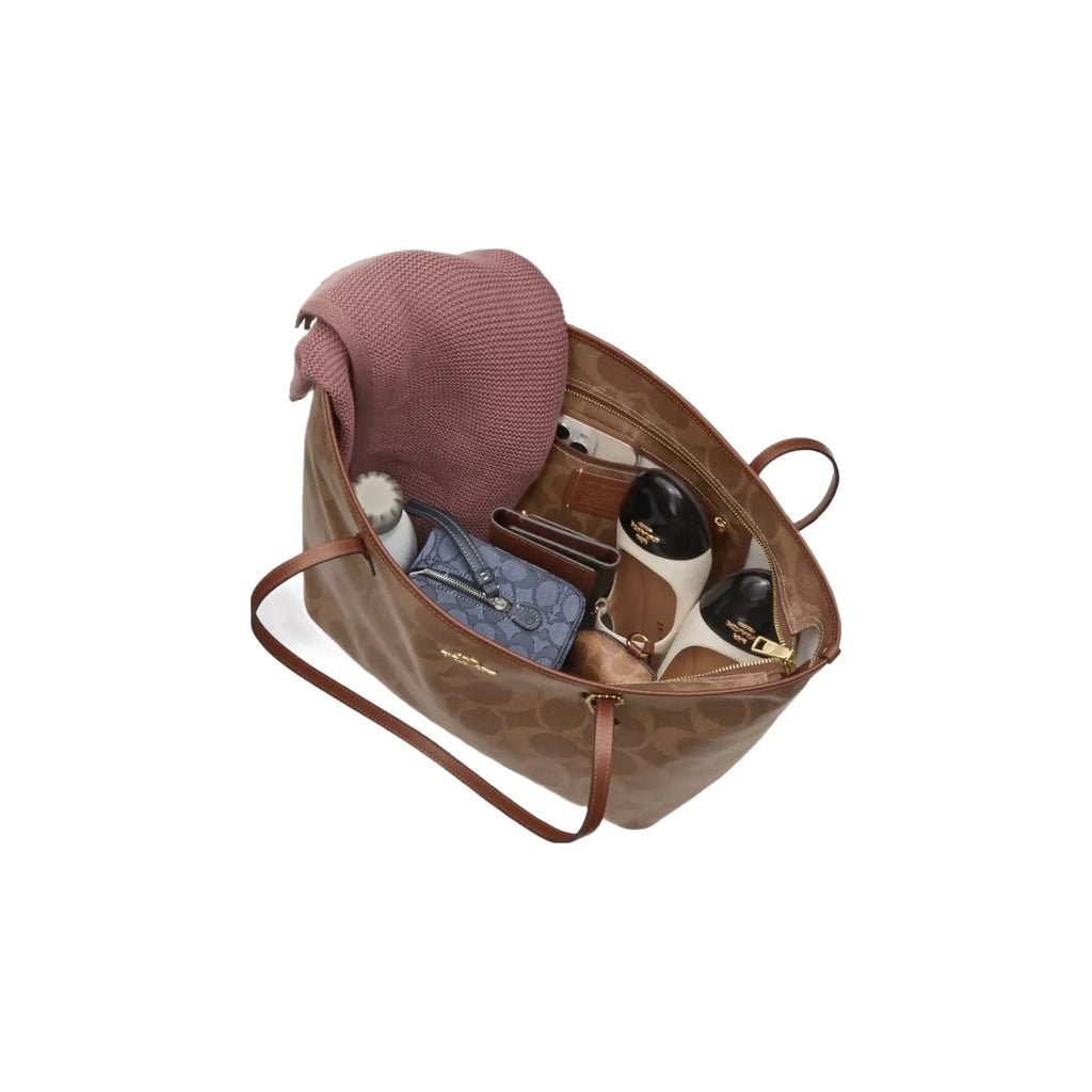 Coach Large City Tote Bag In Maxi Signature Canvas in Gold Tan Brown