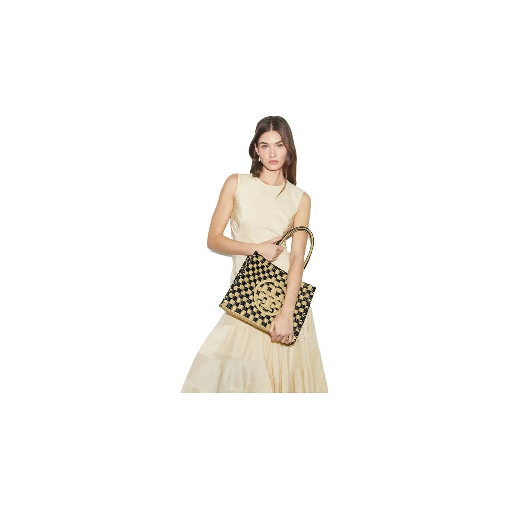Tory Burch Small Ella Hand-Crocheted Checkered Tote Black / Natural