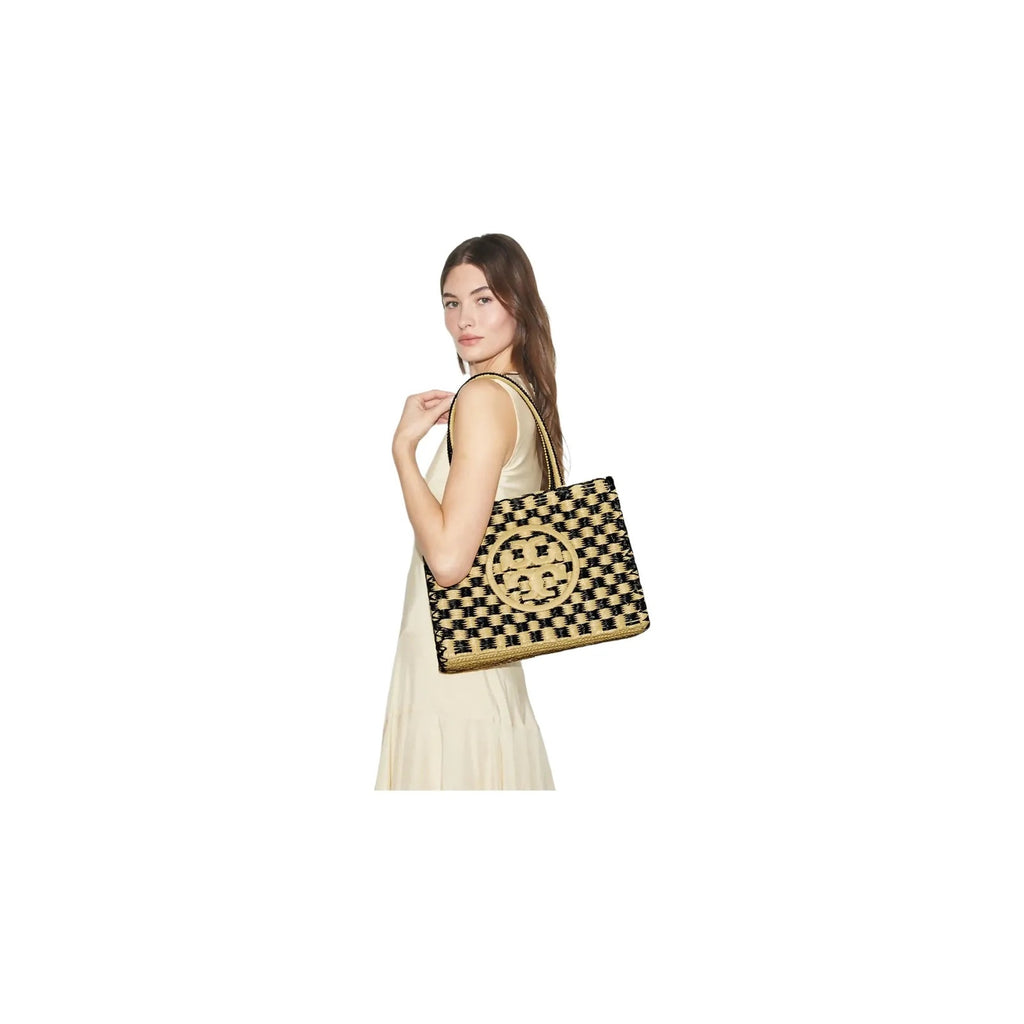 Tory Burch Small Ella Hand-Crocheted Checkered Tote Black / Natural