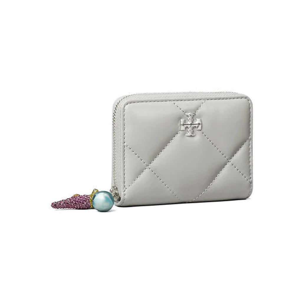 Tory Burch Small Kira Diamond Quilt Charm Zip-Around Wallet Gray