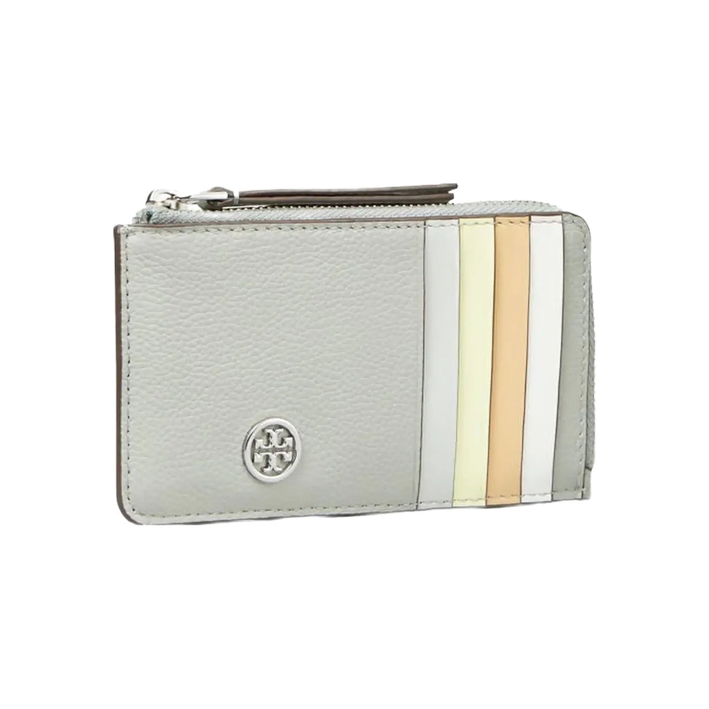 Tory Burch Robinson Pebbled Top-Zip Card Case Light Granite