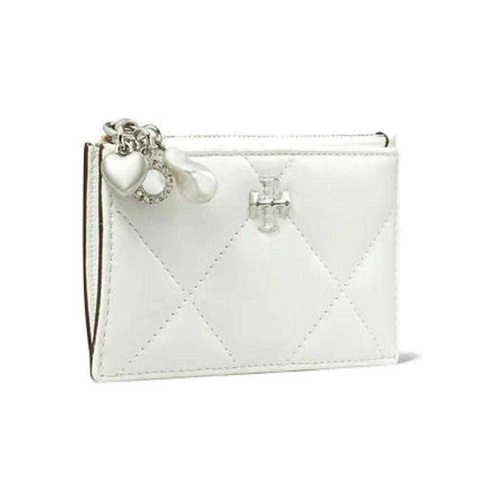 Tory Burch Kira Diamond Quilt Distressed Charm Zip Card Case Blanc