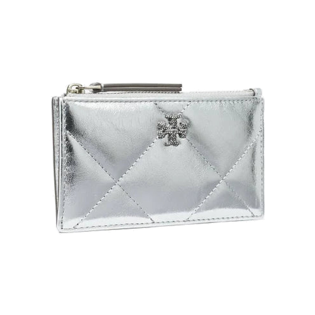Tory Burch Kira Diamond Quilt Metallic Zip Card Case Silver
