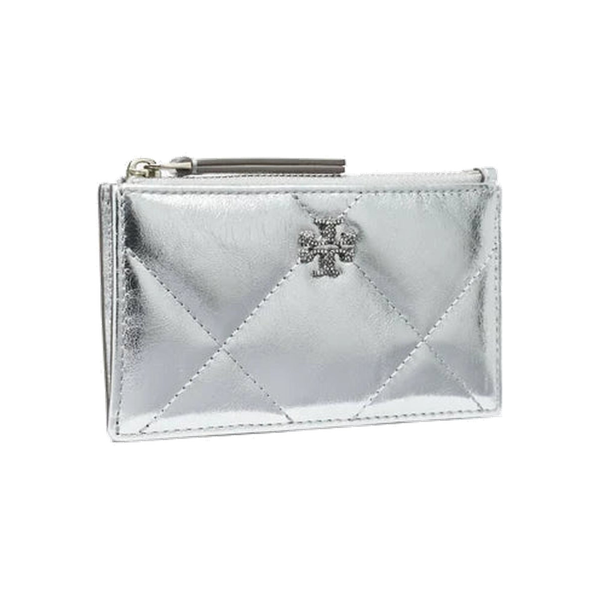 Tory Burch Kira Diamond Quilt Metallic Zip Card Case Silver