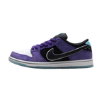 Purple and black sneaker with a white sole on a white background