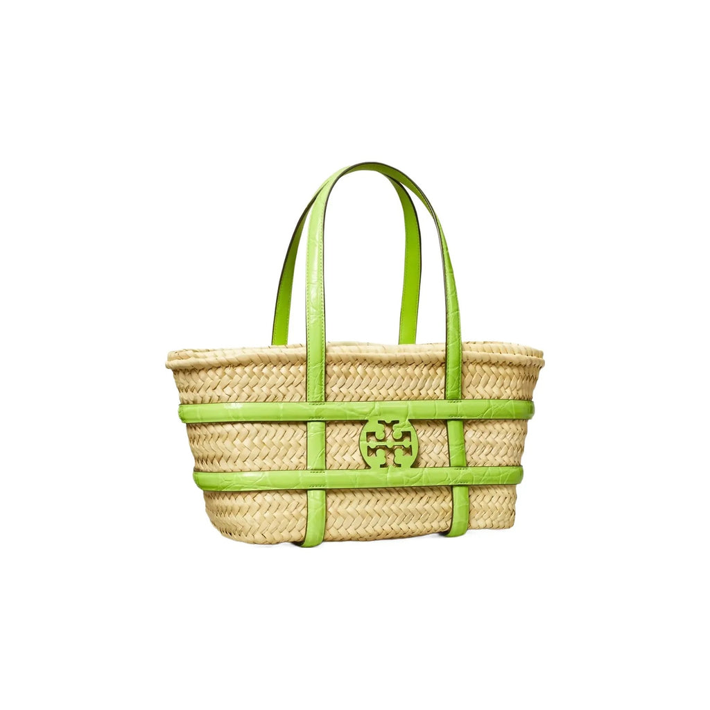 Tory Burch Small Ella Croc-Embossed Straw Basket Bright Fern