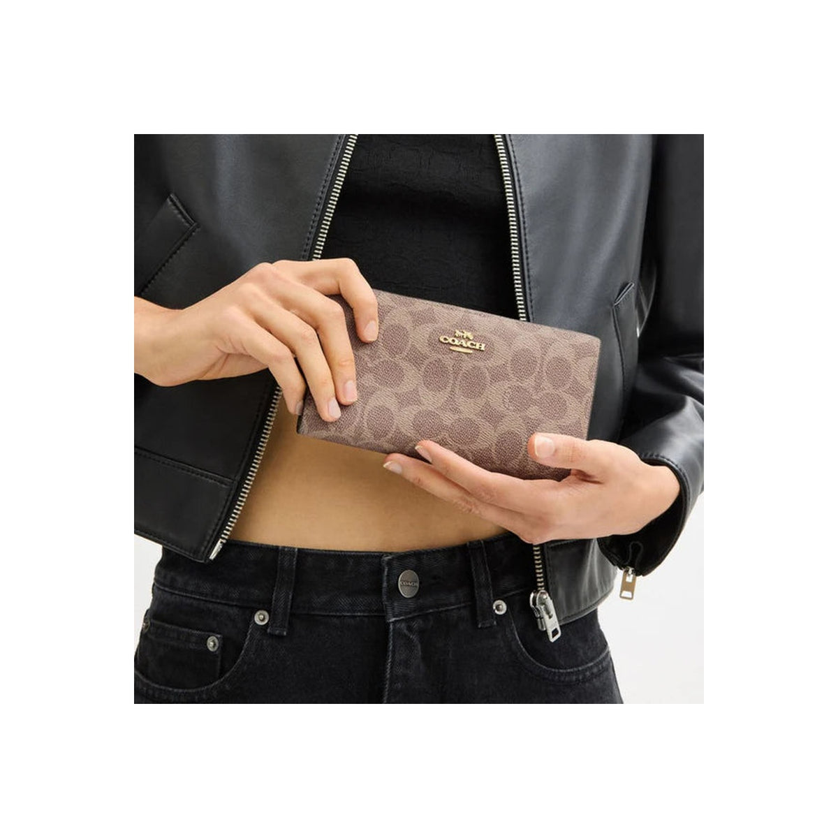 Coach Slim Zip Wallet In Signature Canvas Gold Tan Brown
