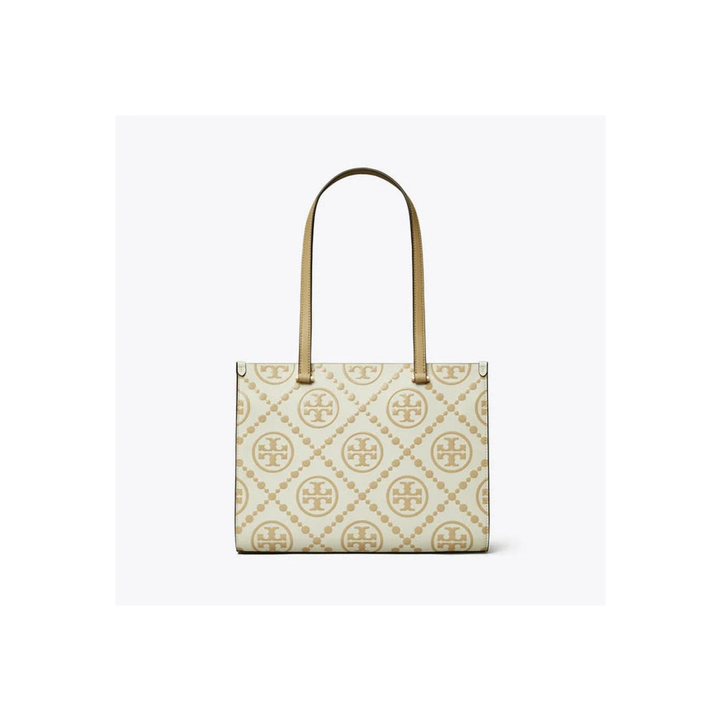 Tory Burch T Monogram Contrast Embossed Small Tote Beige