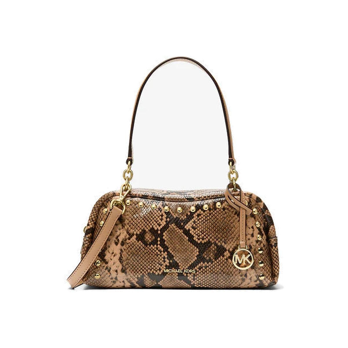 Michael Kors Cecily Small Studded Snake Embossed Shoulder Bag Camel