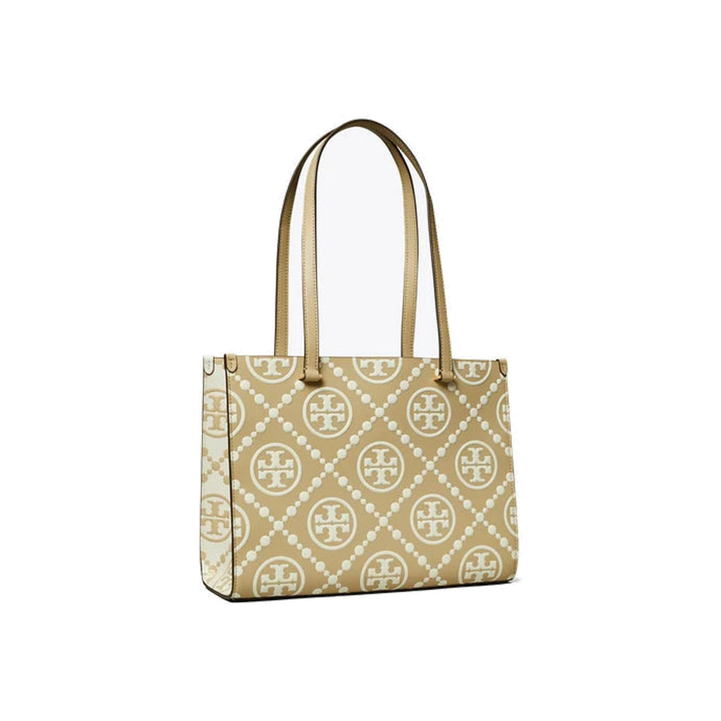 Tory Burch T Monogram Contrast Embossed Small Tote Beige