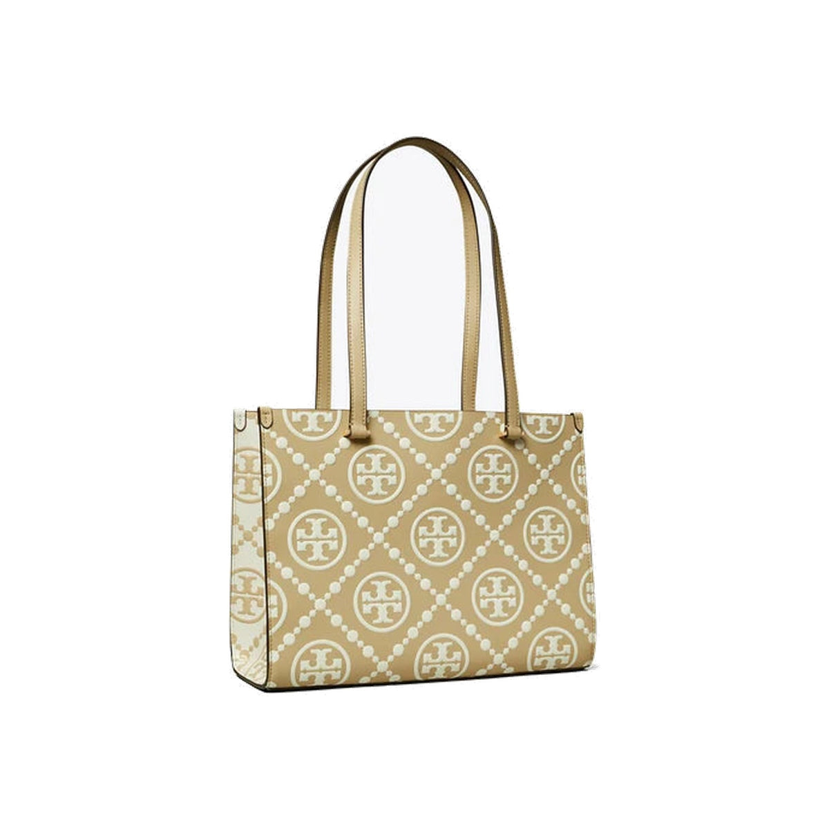 Tory Burch T Monogram Contrast Embossed Small Tote Beige
