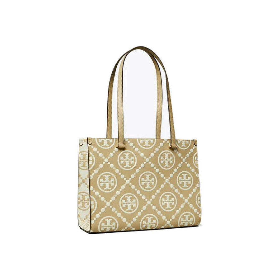 Tory Burch T Monogram Contrast Embossed Small Tote Beige