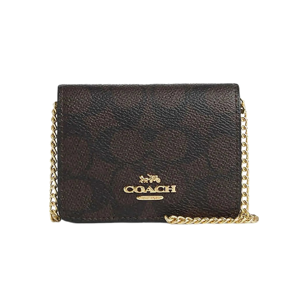 Coach Mini Wallet On A Chain In Signature Canvas Signature Canvas-Gold-Walnut-Black
