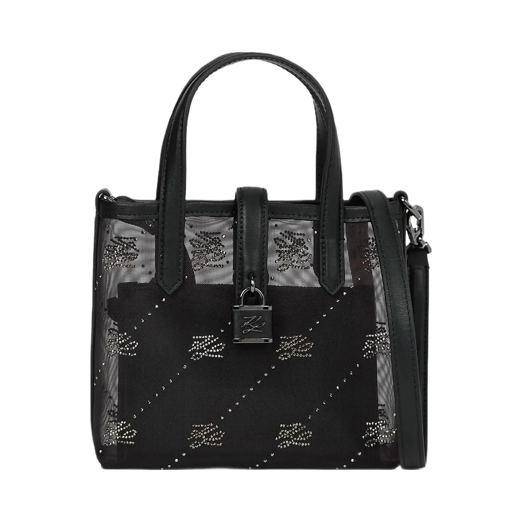 Karl Lagerfeld Autograph Padlock Rhinestone Tote Bag Black Embellishment