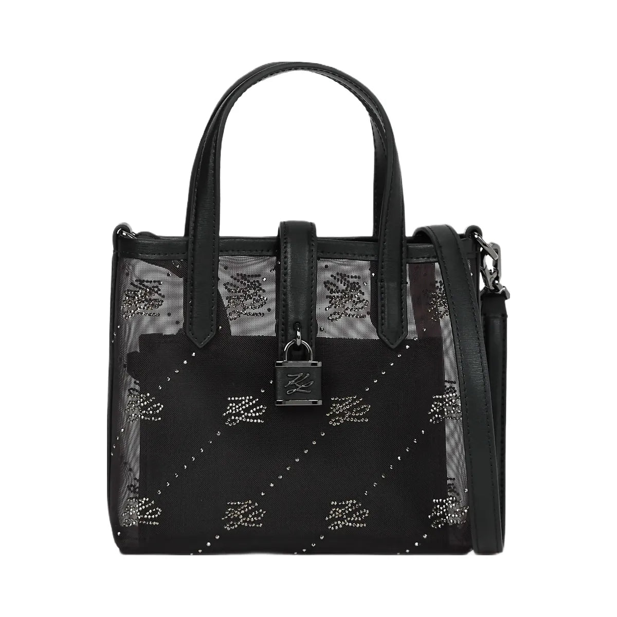 Karl Lagerfeld Autograph Padlock Rhinestone Tote Bag Black Embellishment