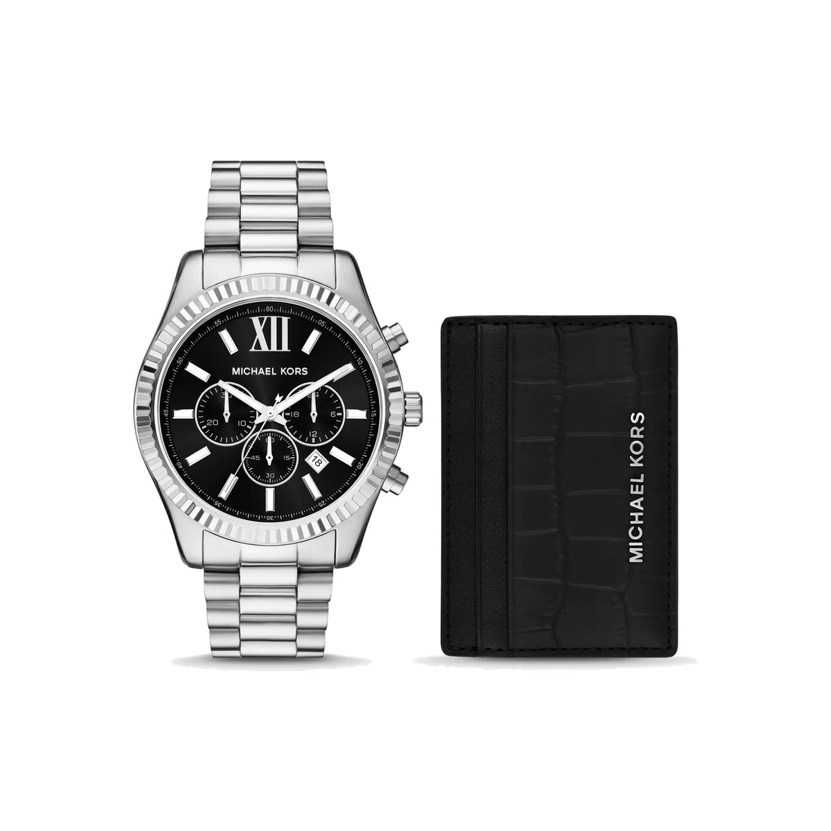 Women's Oversized Lexington Silver-Tone Watch and Crocodile-Embossed Leather Card Case Gift Set MK1091SET